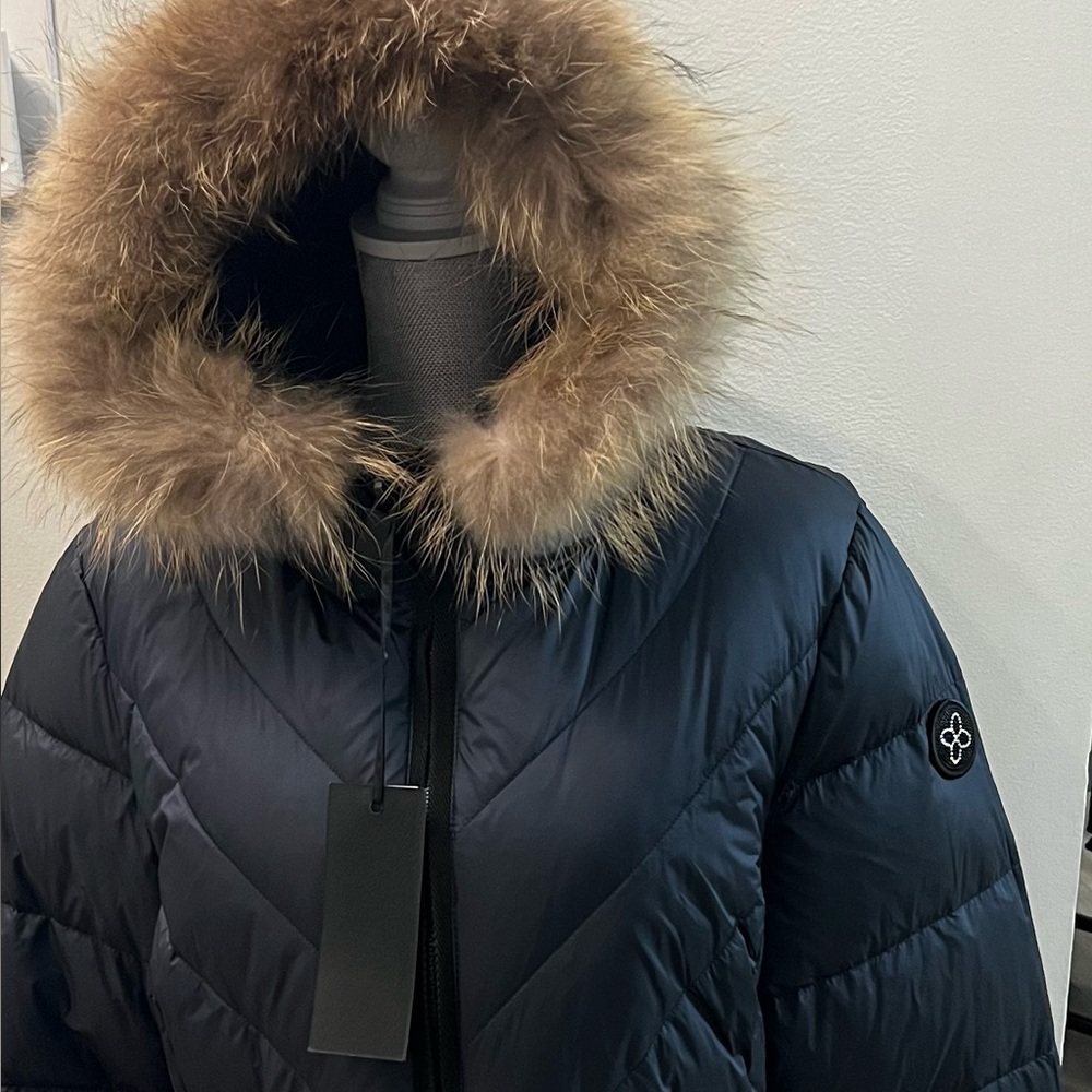 Navy Quilted Women's Jacket with Faux Fur Trim